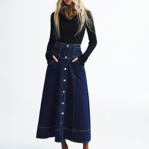 Metal Button Denim Midi Skirt