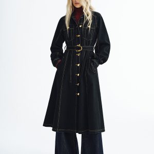 Metal Button Denim Belted Maxi Shirt Dress