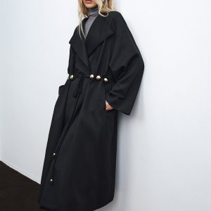 Metal Detail Tie-Belt Oversized Long Trench Coat