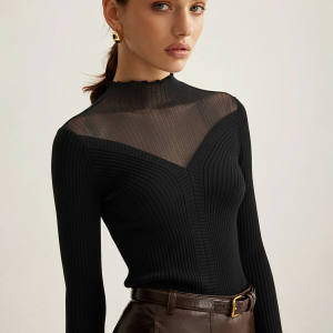 Mesh Panel Wool Blend Mock Neck Top