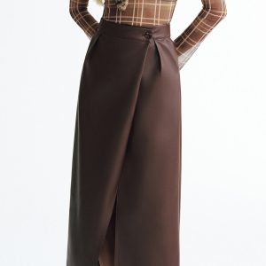 Faux Leather Slit Midi Skirt