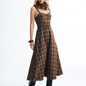 Belted Plaid Strappy Maxi Dress