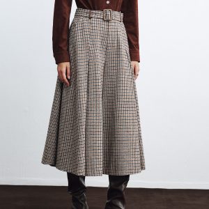 High-Waist Belted Houndstooth Wide-Leg Pants