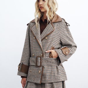 Faux Leather Trim Belted Houndstooth Coat