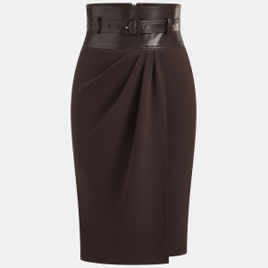 Faux Leather Panel Midi Skirt with Belt