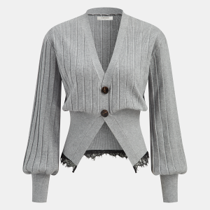 Lace Hem Ribbed Knit Cardigan