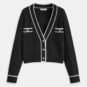 Contrast Trim Metal Button Wool-Blend Cardigan