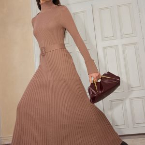Belted Flared Cuff Turtleneck Maxi Dress