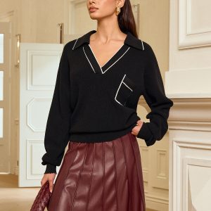 Contrast Trim Polo Knit Top