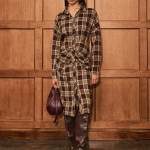 Ruched Button-Front Plaid Shirt Dress