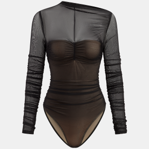 Sheer Mesh Ruched Long Sleeve Bodysuit
