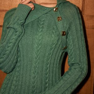Asymmetric Collar Cable-Knit Sweater Dress