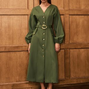 V-Neck Balloon Sleeve Belted Button-Front Dress