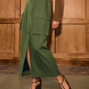 Metal Button Belted Slit Maxi Skirt