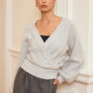 Cable Knit Wrap V-Neck Balloon Sleeve Sweater