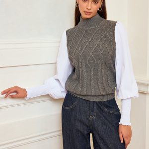 Leg-Of-Mutton Sleeve Panel Cable-Knit Sweater