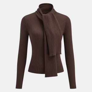 Ribbed Knit Scarf Detail Fitted Top