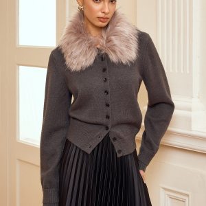 Faux Fur Collar Button-Front Cardigan