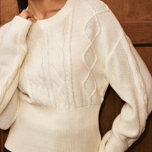 Cinched Waist Cable-Knit Wool-Blend Sweater