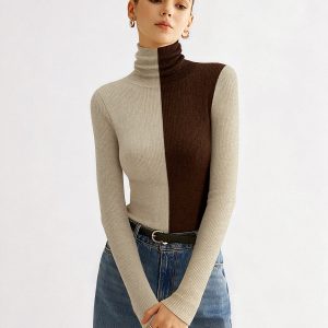 Two-Tone Turtleneck Ribbed Knit Top