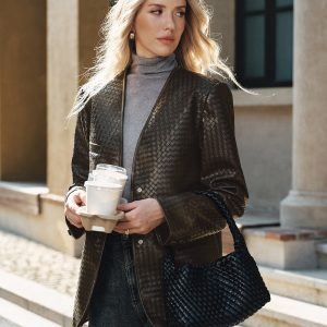 Woven-Texture Faux Leather Blazer