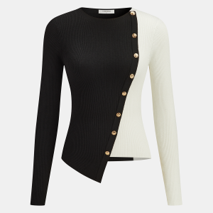 Asymmetric Color Block Metal Button Ribbed Knit Top