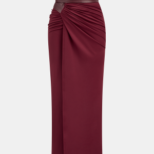 Faux Leather Panel Ruched Midi Skirt