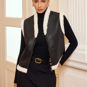 Shearling Trim Zip-Up Faux Leather Vest
