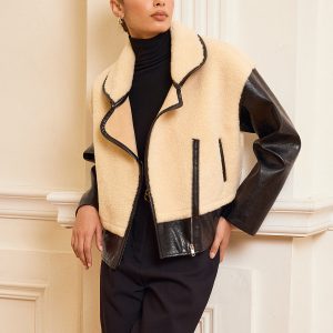 Faux Leather Panel Shearling Jacket