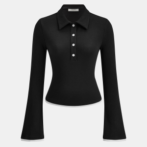 Flared Sleeve Polo Neck Fitted Top