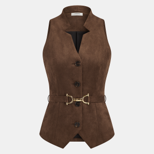 Belted Suede Effect Button-Front Vest