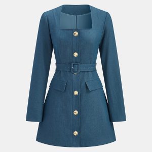 Square-Neck Belted Metal Button Mini Dress