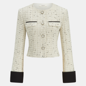 Contrast Cuff Pearl Button Tweed Jacket
