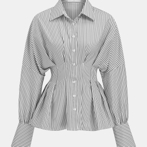 Cinched Waist Peplum Button-Front Striped Shirt