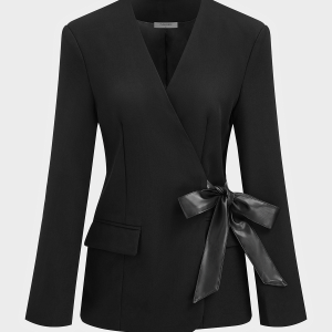 Wrap Front Faux Leather Bow Detail Blazer