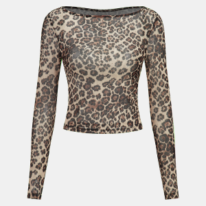 Sheer Mesh Leopard Print Long-Sleeve Top