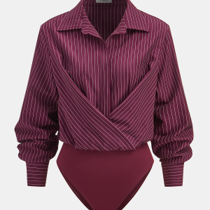 Pinstripe Cross-Front Collared Bodysuit
