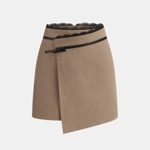 Lace Trim Faux Leather Buckle Mini Skirt