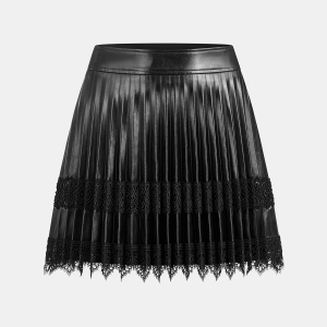 Faux Leather Pleated Lace Mini Skirt