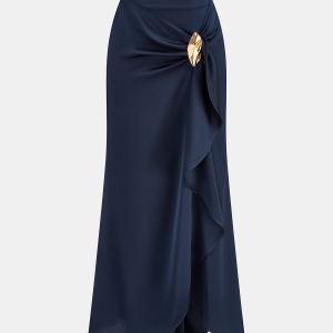 Asymmetric Ruffle Metal Detail Satin Maxi Skirt