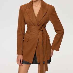 Suede Effect Tie-Waist Blazer