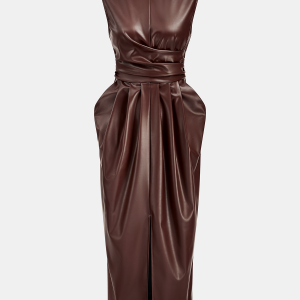 Sleeveless Slit PU Leather Draped Midi Dress