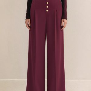 High-Waist Metal Button Pleated Wide-Leg Pants