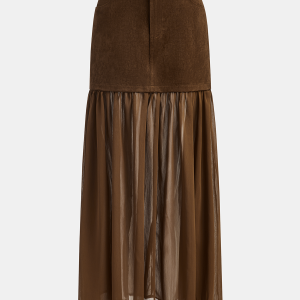 Semi-Sheer Mesh Panel Suede Effect Maxi Skirt
