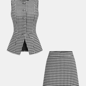 Houndstooth Buttoned Vest and Mini Skirt Set