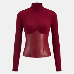 Faux Leather Corset Paneled Mock Neck Top