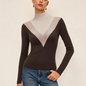 Color Block Mock Neck Fitted Knit Top