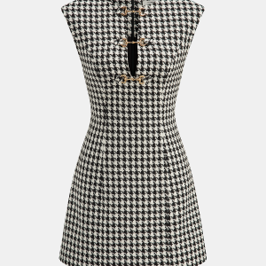 Houndstooth Tweed Mini Dress with Horsebit Detail