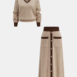 Contrast Trim Knit Top and Midi Skirt Set