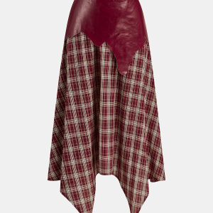 Faux Leather Panel Asymmetric Plaid Midi Skirt